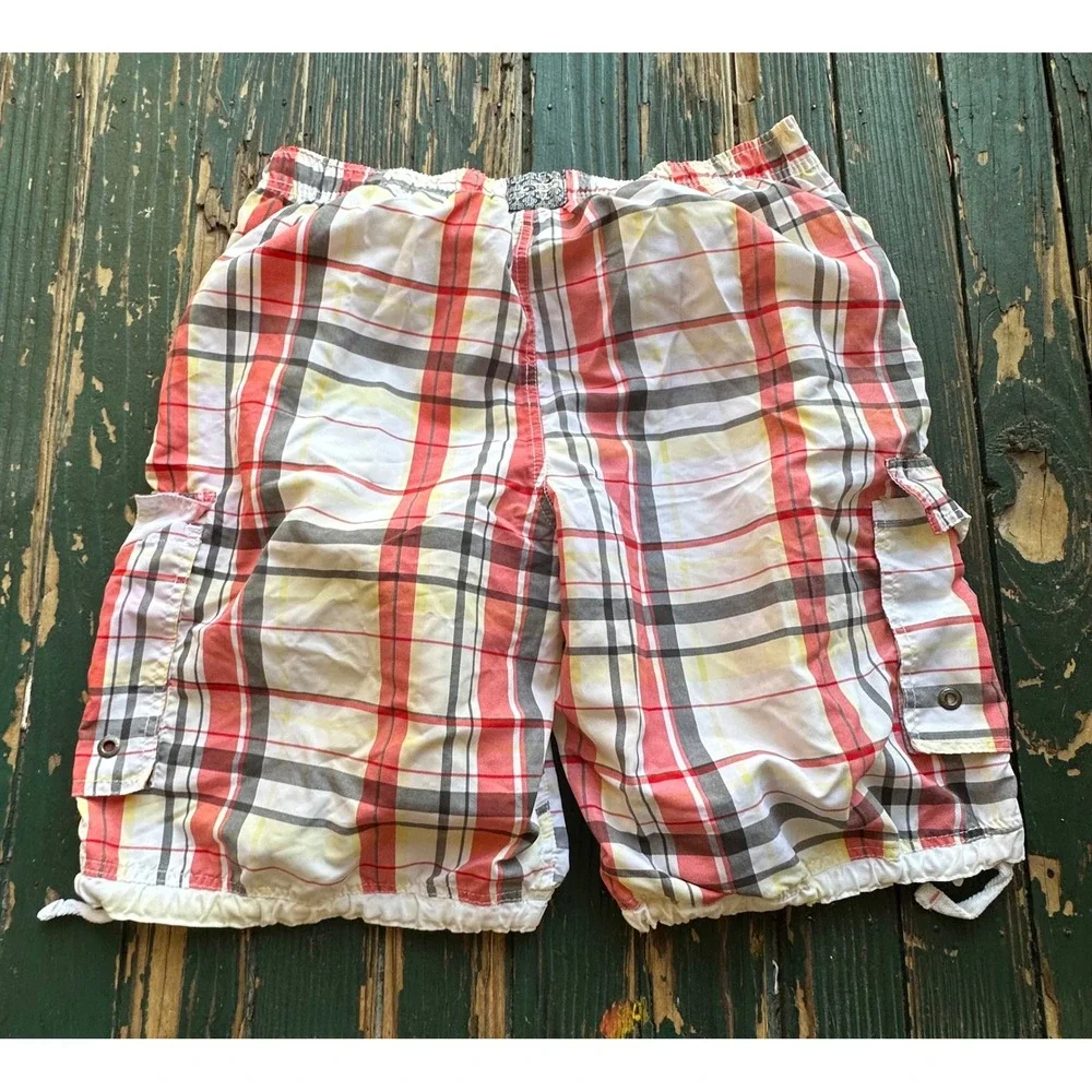 Banana Split USA Mens XL Plaid Cargo Board Shorts Red Yellow White Swim Trunks